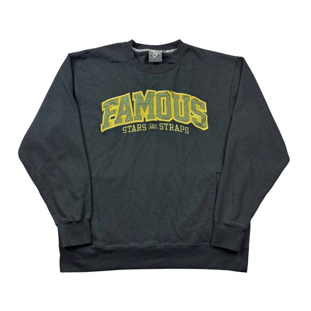 Famous Stars and Straps Mens XL Black Crewneck Sweatshirt Chenille Logo Pockets